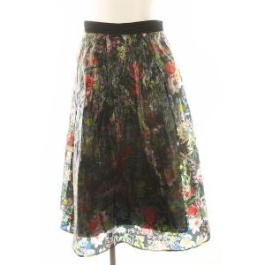 ボタニカル柄フィルムタフタスカート フレアスカート ロング シアー インナー付き 38 黒 マルチカラー