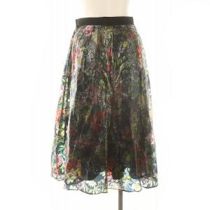 MUVEIL ボタニカル柄フィルムタフタスカート フレアスカート ロング シアー インナー付き 38 黒 マルチカラー