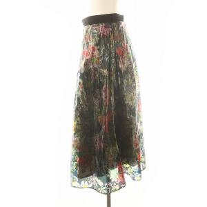 MUVEIL ボタニカル柄フィルムタフタスカート フレアスカート ロング シアー インナー付き 38 黒 マルチカラー