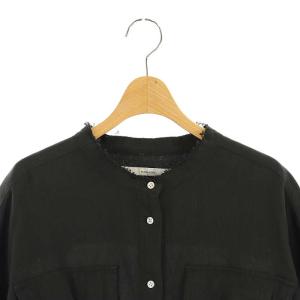 Framework 楊柳製品染めシャツ バンドカラー 七分袖 カットオフ 黒 ブラック /DF OS