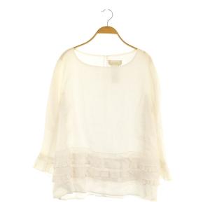 ラミーリネン ティアードプリーツブラウス 長袖 プルオーバー ボートネック イタリア製 42 オフホワイト