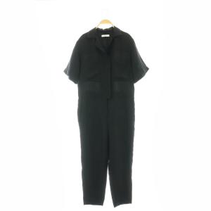 リネン混ジャンプスーツオールインワン 半袖 テーパード 36 黒 ブラック