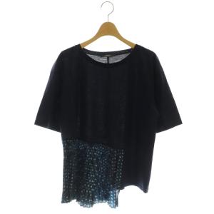 切り替え プリーツ 半袖カットソー L 紺 緑 ネイビー グリーン /DF OS