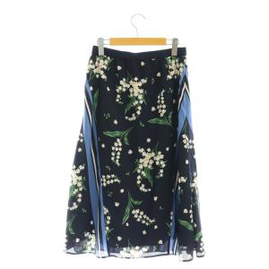 MUVEIL スズラン柄 フレアスカート ロング 38 紺 ネイビー マルチカラー