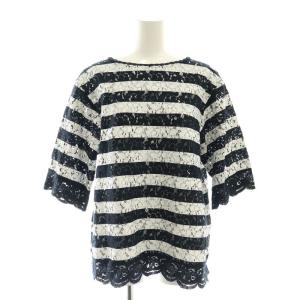 レースボーダーブラウス プルオーバー 五分袖 バックレースアップ スカラップ 38 黒 白 紺 /ES