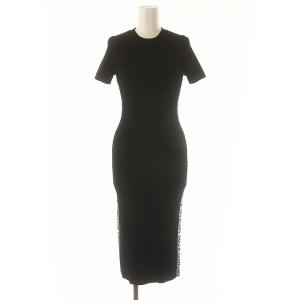 ロゴテープ リブニットワンピース ロング タイト 半袖 S 黒 白 ブラック ホワイト