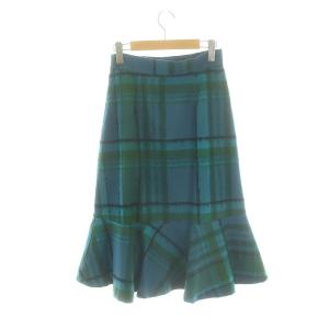 ANAYI モヘヤチェックペプラムヘムスカート ロング フレア ウール 36 青 緑 ブルー グリーン