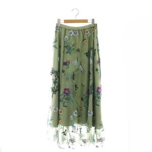 ボタニカルembスカート チュールスカート ギャザー 刺繍 36 スモークグリーン マルチカラー