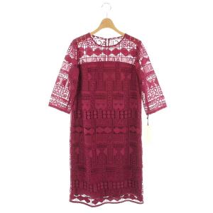 レタードレースワンピース ロング ミモレ丈 七分袖 38 ダークピンク