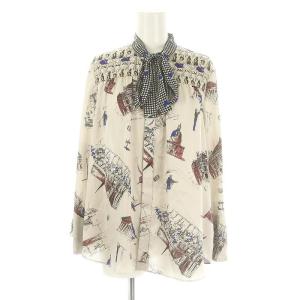 コンビプリントブラウス 長袖 リボン総柄 38 グレージュ