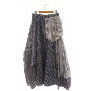 ENFOLD デコンストラクトスカート フレアスカート ロング チェック柄 イレギュラーヘム 38 紺 白 ネイビー ホワイト