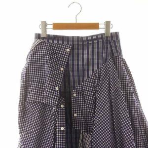 ENFOLD デコンストラクトスカート フレアスカート ロング チェック柄 イレギュラーヘム 38 紺 白 ネイビー ホワイト