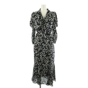 23AW Sustainable ボウタイバリエワンピース ロング 七分袖 花柄 00 黒 白 ダークグリーン