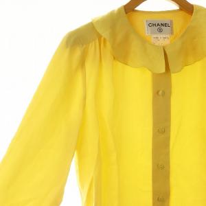 CHANEL シルク フリル ブラウス シャツ 前開き 長袖 黄色 イエロー