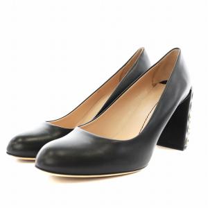 パンプス ラウンドトゥ チャンキーヒール レザー 38 黒 ブラック /AN15 OF