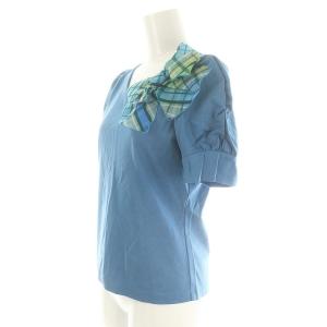 M'S GRACY チェックリボンブローチ付きカットソー Vネック 半袖 38 青 ブルー