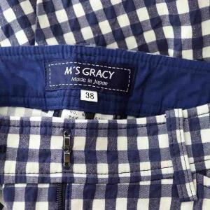 M'S GRACY 裾リボン ギンガムチェック パンツ テーパード クロップド 38 紺 ネイビー