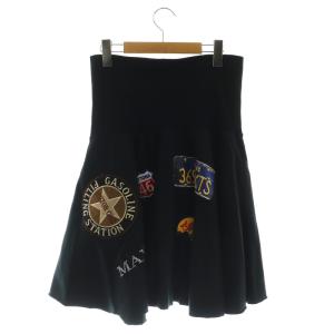 MAX&CO. ワッペン ラインストーン スカート 膝丈 フレア ハイウエスト コットン L 黒 ブラック