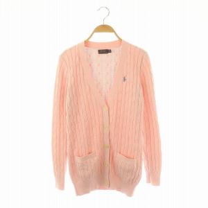 ケーブルニット カーディガン 長袖 Vネック ポニー刺繍 S ピンク