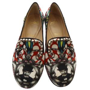 Christian Louboutin パンプス 総柄 スタッズ スリッポン 35 22cm 赤 レッド 黒 ブラック