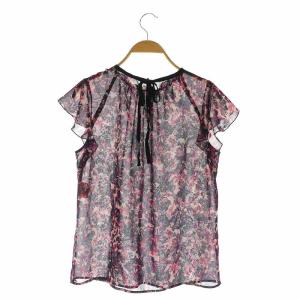 ANAYI フラワー柄フリルブラウス 半袖 シフォン シアー プルオーバー 38 紫 パープル