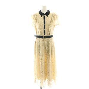 フリルレースワンピース 半袖 ロング バイカラー ステンカラー 36 S ベージュ 黒 ブラック