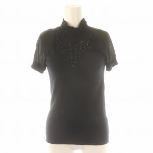 カシミヤ シルク混 スパンコール装飾 ニット カットソー 切替 半袖 I40 黒 ブラック /HK OS