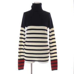 Border タートルネック ニット 長袖 プルオーバー ボーダー ウール 黒 ブラック 白 ホワイト