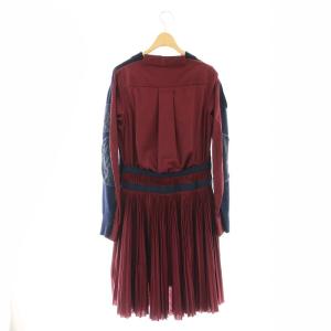 sacai ドッキング 再構築ニット異素材MIX ワンピース プリーツ 膝丈 長袖 1 ボルドー 紺 ネイビー