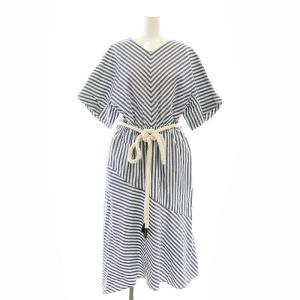 綱ベルトストライプ柄半袖シャツワンピース ロング 1 白 紺 ホワイト ネイビー /HK OS