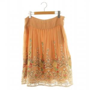 刺繍レーススカート ギャザースカート 膝丈 シルク 11 ピンクベージュ マルチカラー