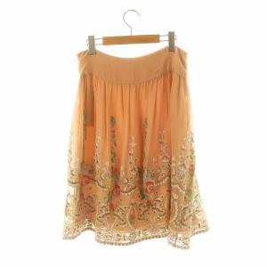 RALPH LAUREN 刺繍レーススカート ギャザースカート 膝丈 シルク 11 ピンクベージュ マルチカラー