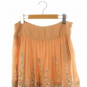 RALPH LAUREN 刺繍レーススカート ギャザースカート 膝丈 シルク 11 ピンクベージュ マルチカラー