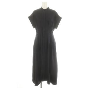 24SS ウエストタックフィット フレアワンピース ロング 半袖 前開き バンドカラー 36 紺 ネイビー