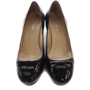 PRADA パテントレザー リボン パンプス チャンキーヒール スクエアトゥ 35.5 22-22.5cm 黒 ブラック