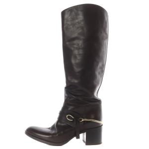 レザー ロングブーツ チャンキーヒール 37 23.5-24cm 茶色 ブラウン /SR39