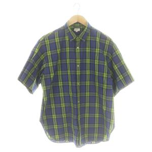  チェックショートスリーブシャツ 半袖 フロントボタン コットン 48 XL 青 ブルー 緑 グリーン