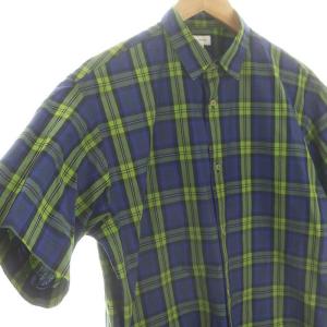 BLAMINK  チェックショートスリーブシャツ 半袖 フロントボタン コットン 48 XL 青 ブルー 緑 グリーン