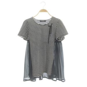 リボン ボーダー サイドシフォン カットソー 半袖 38 濃紺 白 ネイビー ホワイト