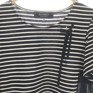 M'S GRACY リボン ボーダー サイドシフォン カットソー 半袖 38 濃紺 白 ネイビー ホワイト