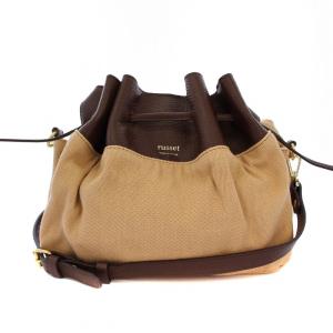 巾着 ショルダーバッグ キャンバス レザー ベージュ ブラウン /BM