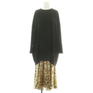 パターンドッキングワンピース 長袖 ロング F 緑 ベージュ グリーン