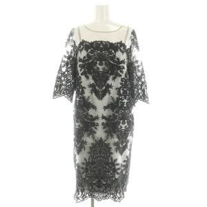 オーナメントパネルチュールワンピース 七分袖 ミモレ ロング 刺繍 38 黒 グレー ブラック