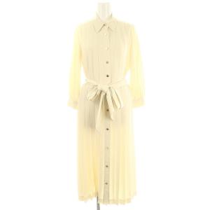 タックシャツワンピース ロング 長袖 前開き プリーツ リボンベルト付き 36 ライトベージュ