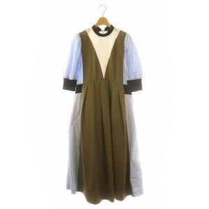 22AW パッチワークデザインワンピース ロング 五分袖 F 白 茶 水色 紺 /NR OS