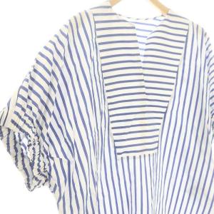 TOMORROWLAND ギザコットンストライプ ボザムブラウス シャツ プルオーバー 半袖 ドルマンスリーブ キーネック 36 青 白 ブルー ホワイト