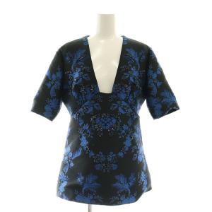 ジャガード ビジュー トップス チュニック 半袖 花柄 38 黒 青 ブラック ブルー