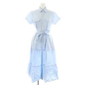 POLO RALPH LAUREN ティアード シャツ ワンピース ロング丈 マキシ丈 半袖 ベルト付き フレア コットン 4 M青 ブルー