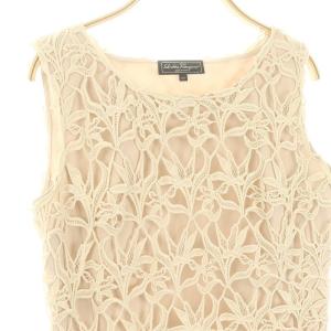 Salvatore Ferragamo ノースリーブワンピース レース装飾 タイト ひざ丈 44 XL ピンク