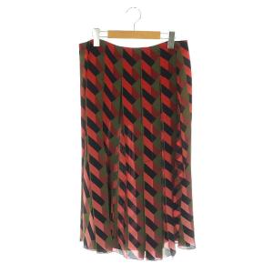 シルク 総柄 プリーツスカート ロング 42 ダークピンク カーキ マルチカラー /ES OS